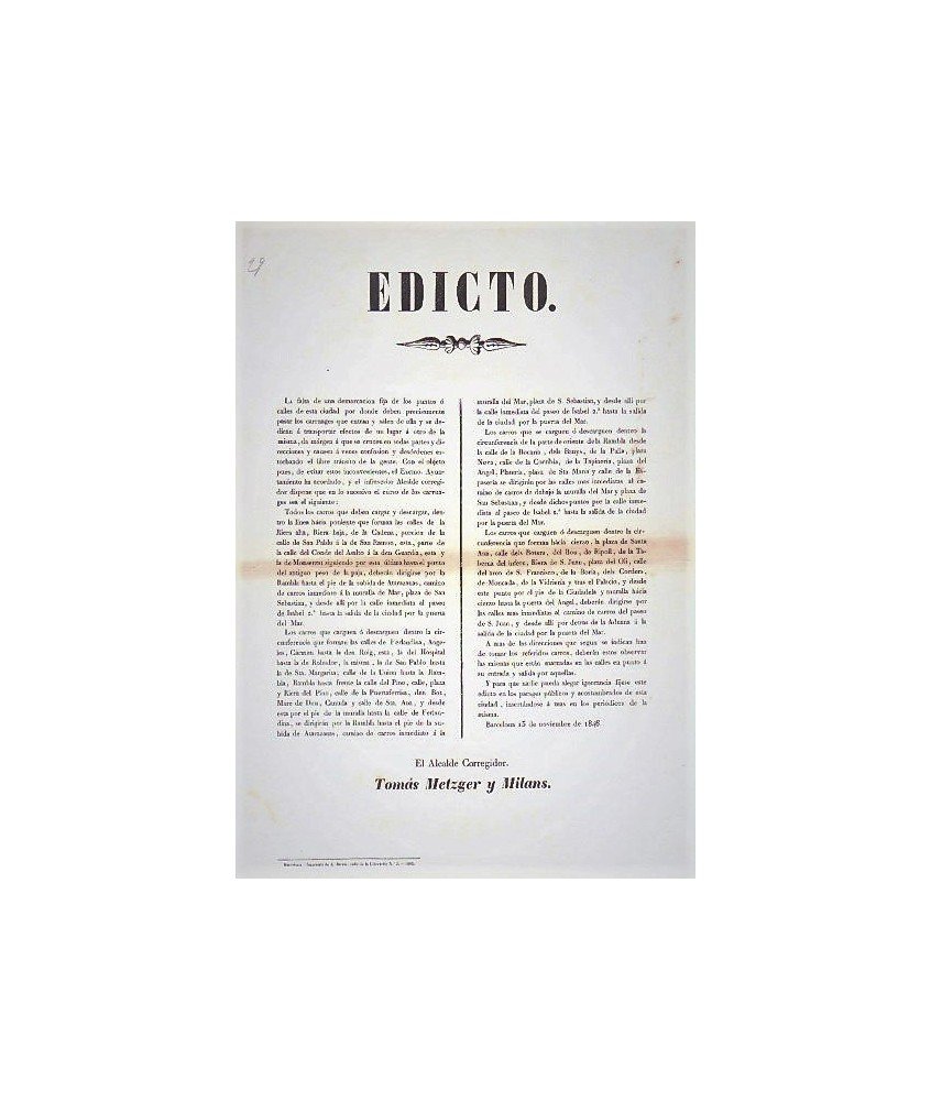 BARCELONA 1846. CARRIAGE. EDICT OF THE MAJOR TOMAS METZGER Y MILANS