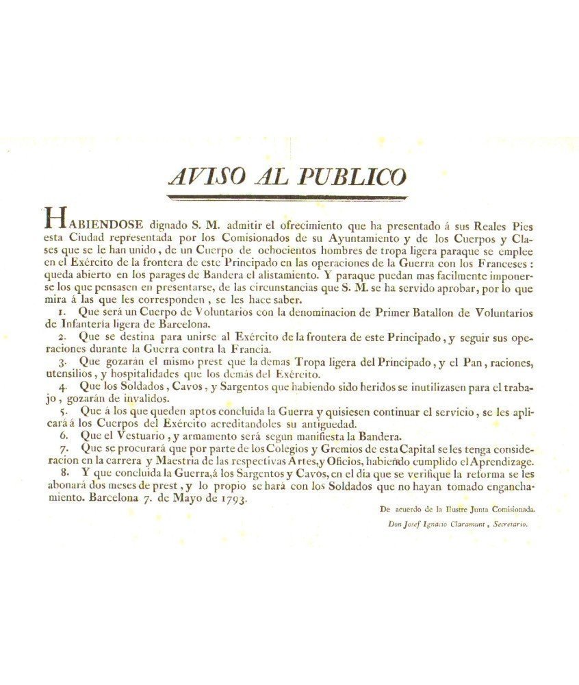 AVISO AL PUBLICO. BARCELONA1793. GUERRA CON LOS FRANCESES