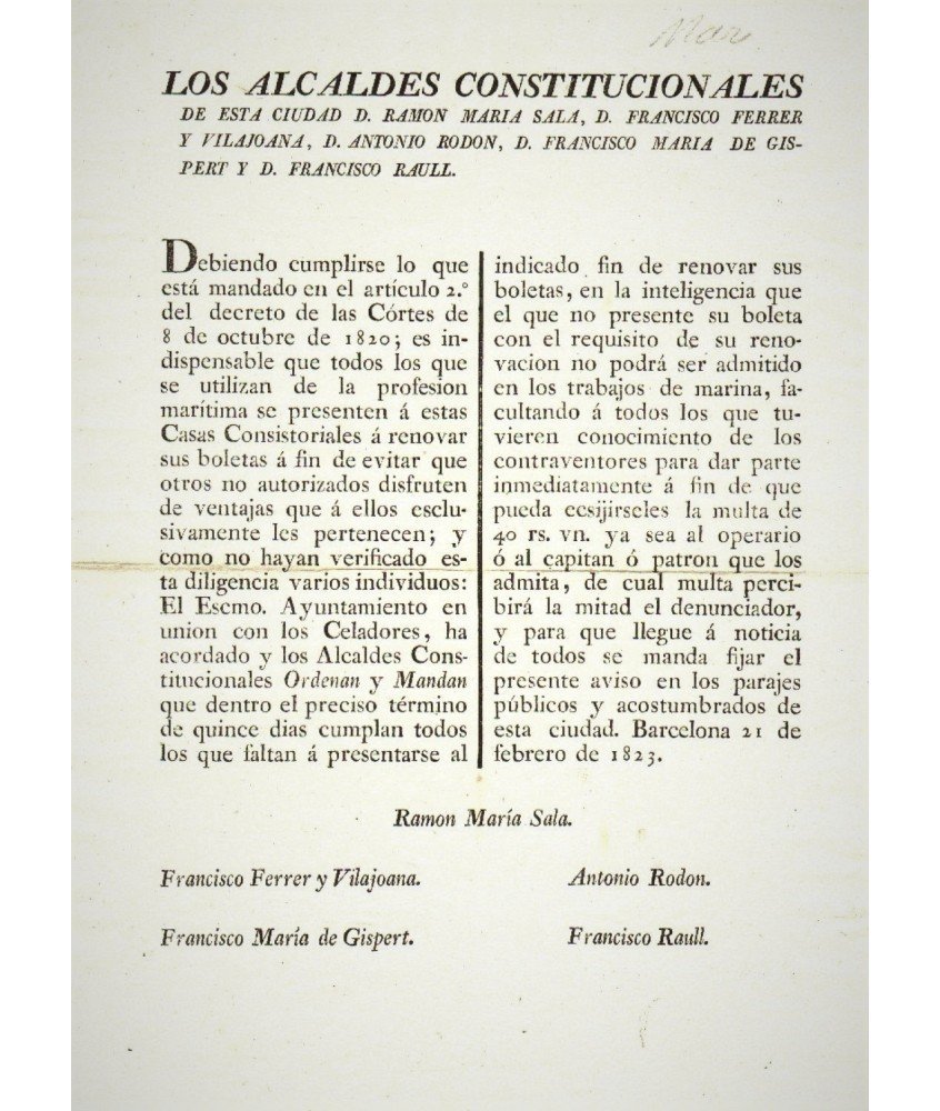 THE CONSTITUTIONAL MAYORS. BARCELONA 1823. MARINERY