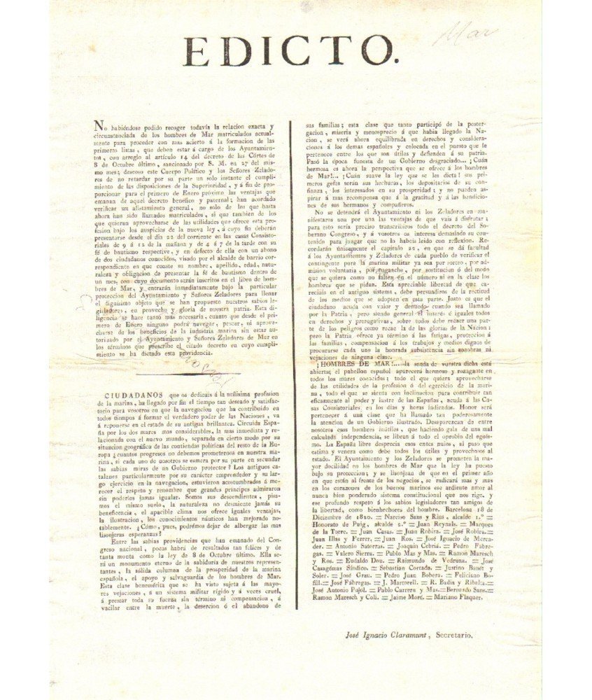 EDICTO. BARCELONA 1820. HOMBRES DE MAR
