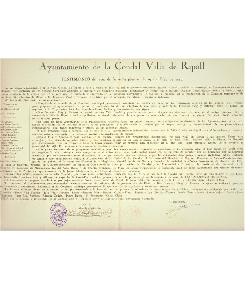 AYUNTAMIENTO VILLA DE RIPOLL. 1928. Fco. PUIG Y ALFONSO, HIJO ADOPTIVO