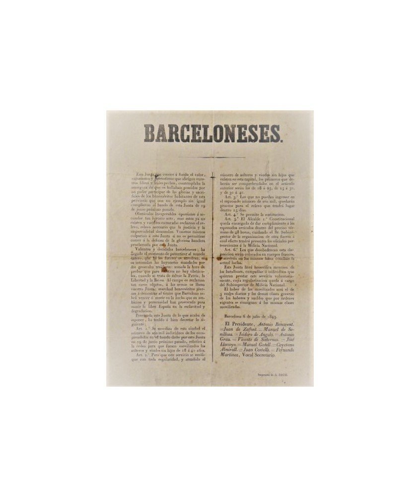 BARCELONESES. 1843. LLAMAMIENTO DE LA JUNTA REVOLUCIONARIA CONTRA EL GENERAL ESPARTERO.