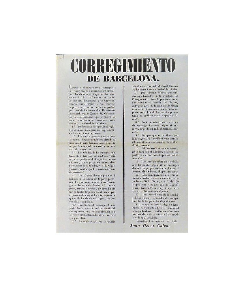 BARCELONA. 1850. REGISTRATION OF CARRIAGES