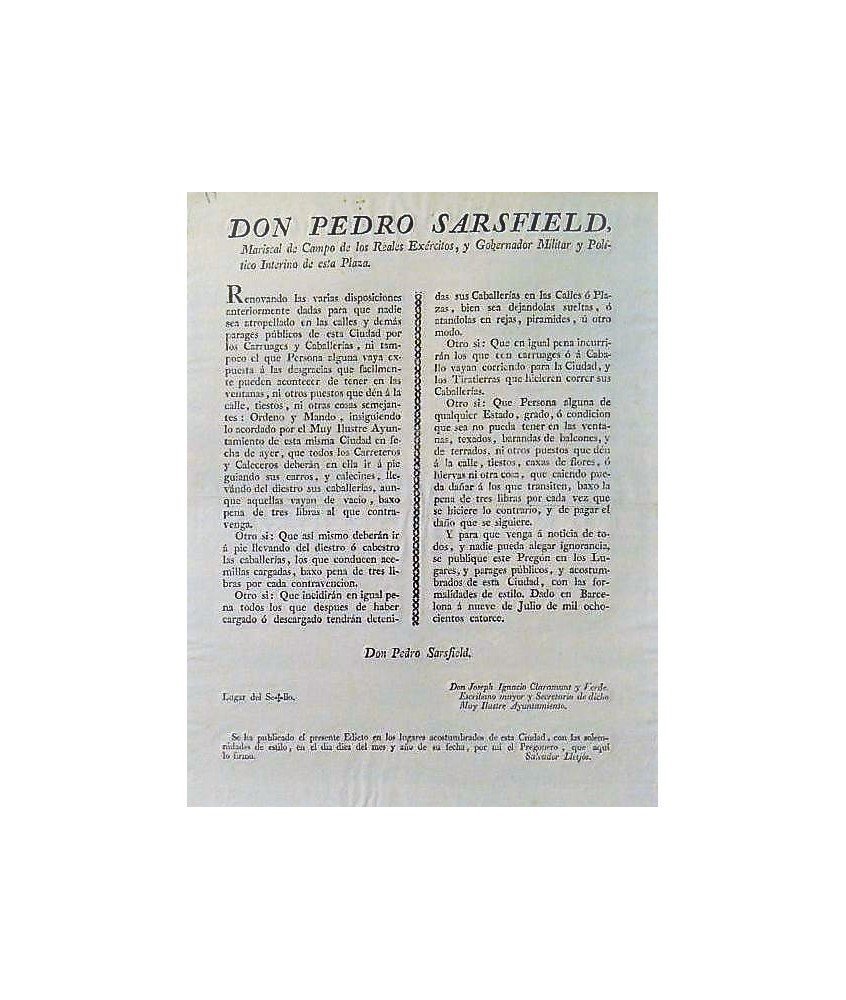 PEDRO SARSFIELD. MARISCAL DE CAMPO. BARCELONA 1814. CARRUAJES Y CABALLERÍAS