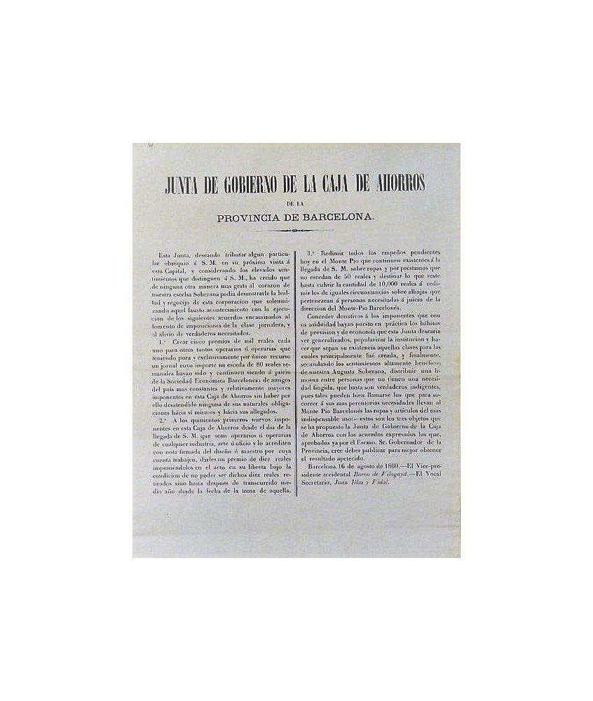 JUNTA DE GOBIERNO DE LA CAJA DE AHORROS. BARCELONA 1860. VISITA ISABEL IIª