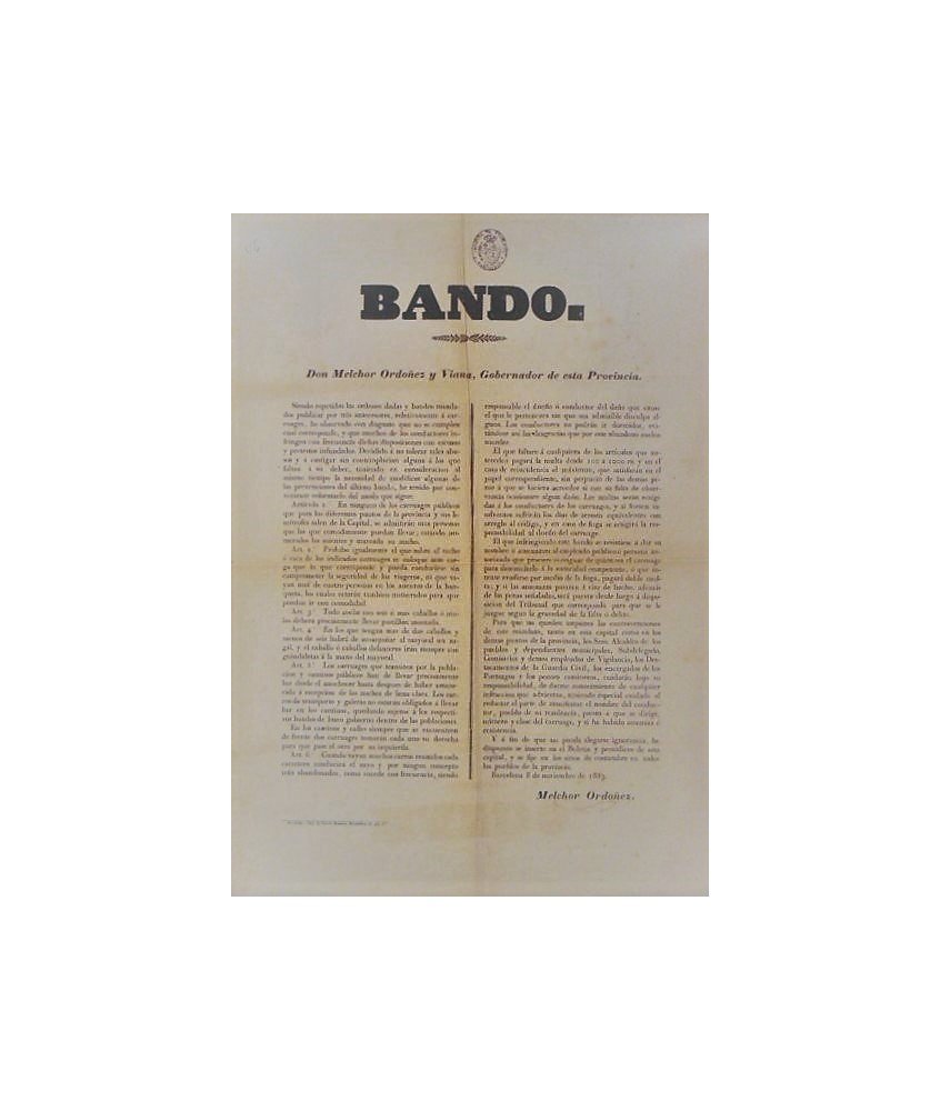 BANDO. MELCHOR ORDOÑEZ. GOVERNOR. BARCELONA 1853. CARRIAGES